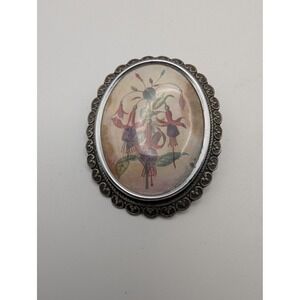 Vintage Thomas L Mott TLM Silver Tone Floral Fuchsia Brooch Pin England READ